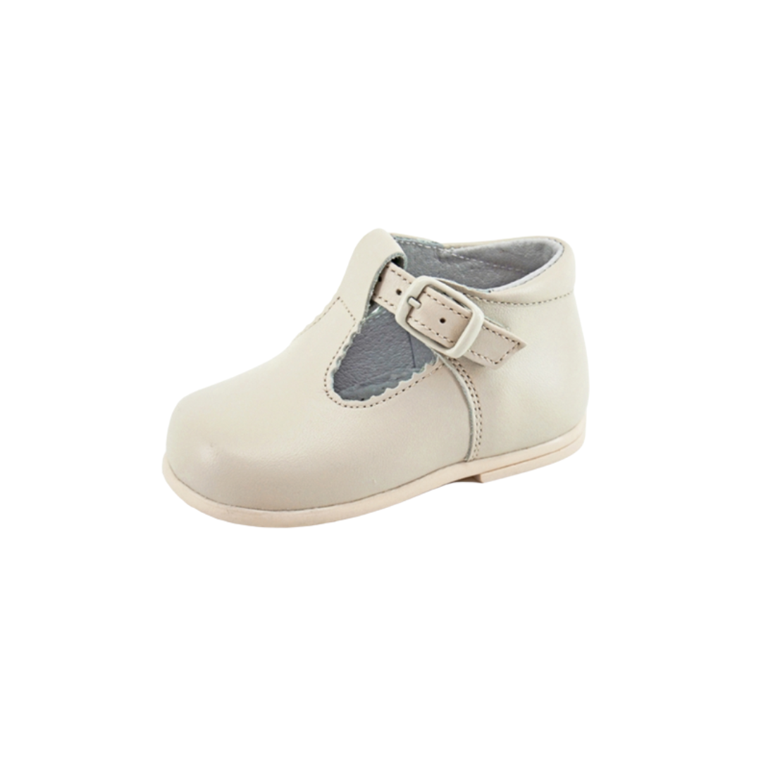 Spanish T-Bar Leather Shoe - Beige, Size 21