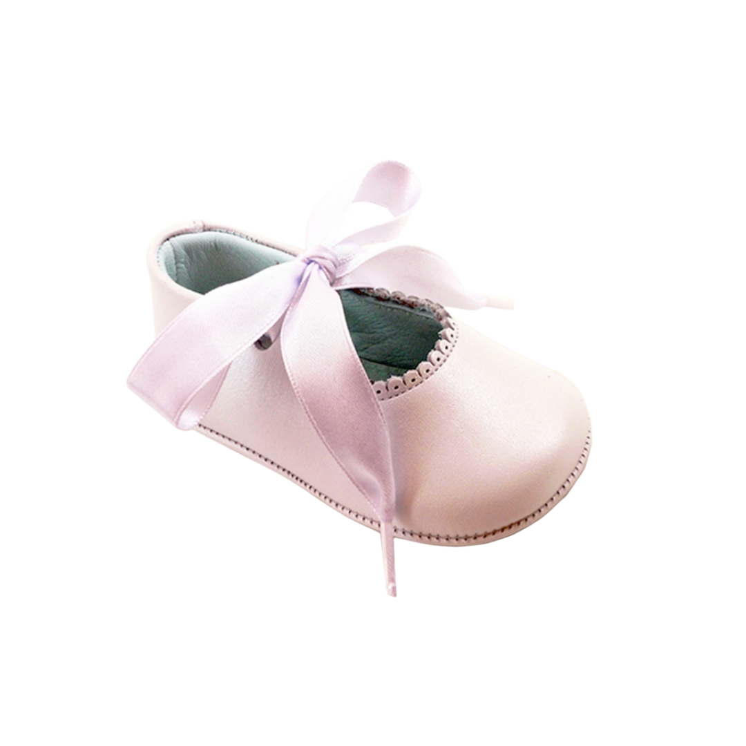 Spanish Leather Shoe with Silk Bow - Pearly Pink, Size 19