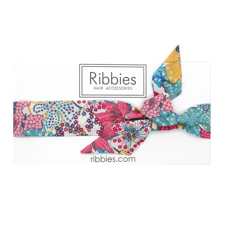 Ribbies Bow Headband, Liberty Print - Mauvey Turquoise Pink and Yellow