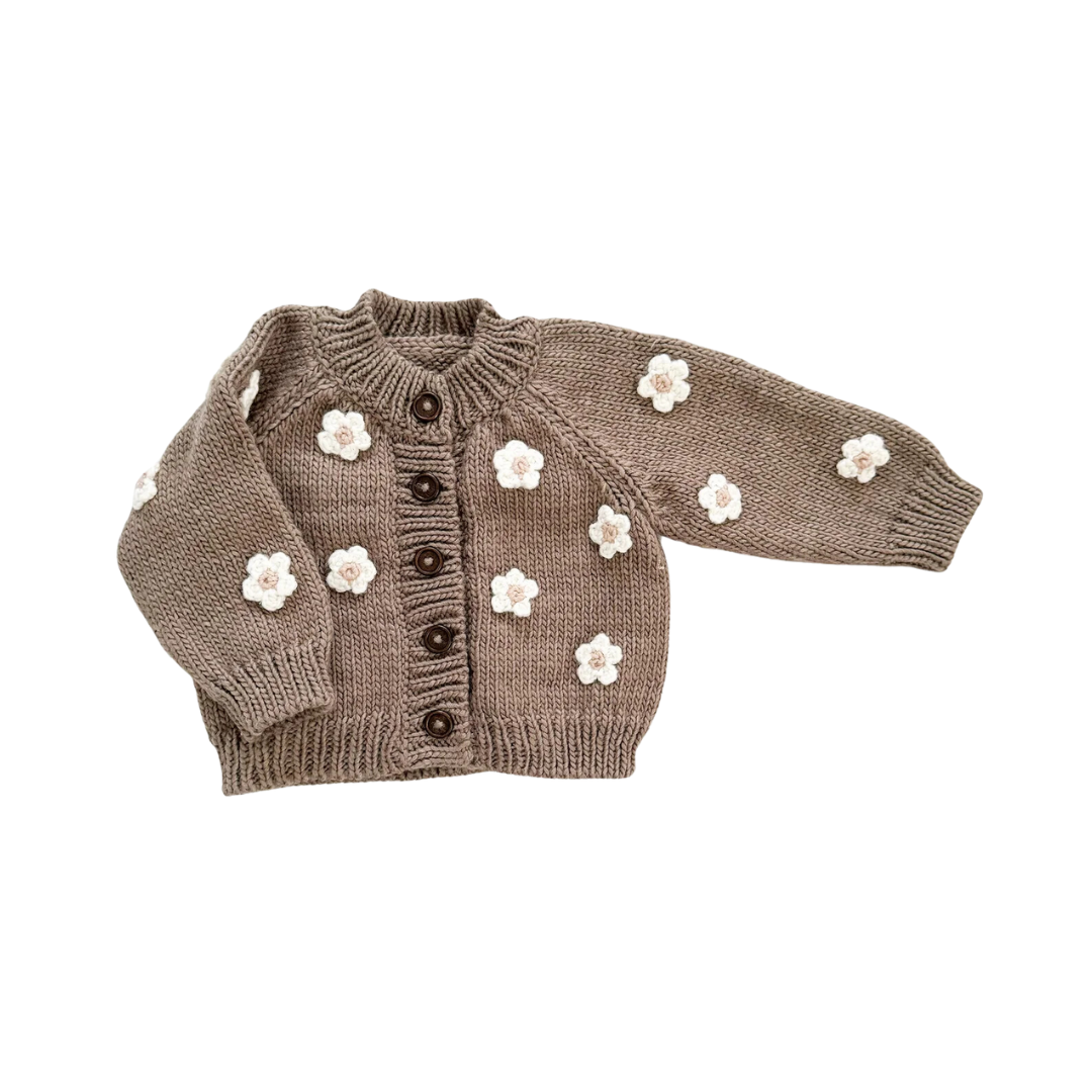 The Blueberry Hill Flower Cardigan, Tan - 6-12mths