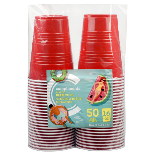 Compliments Red Plastic Beer Cups 16oz x 50ct