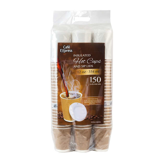 Cafe Express 12 oz Insulated Ribbed Hot Cups and Sip Lids 150ct