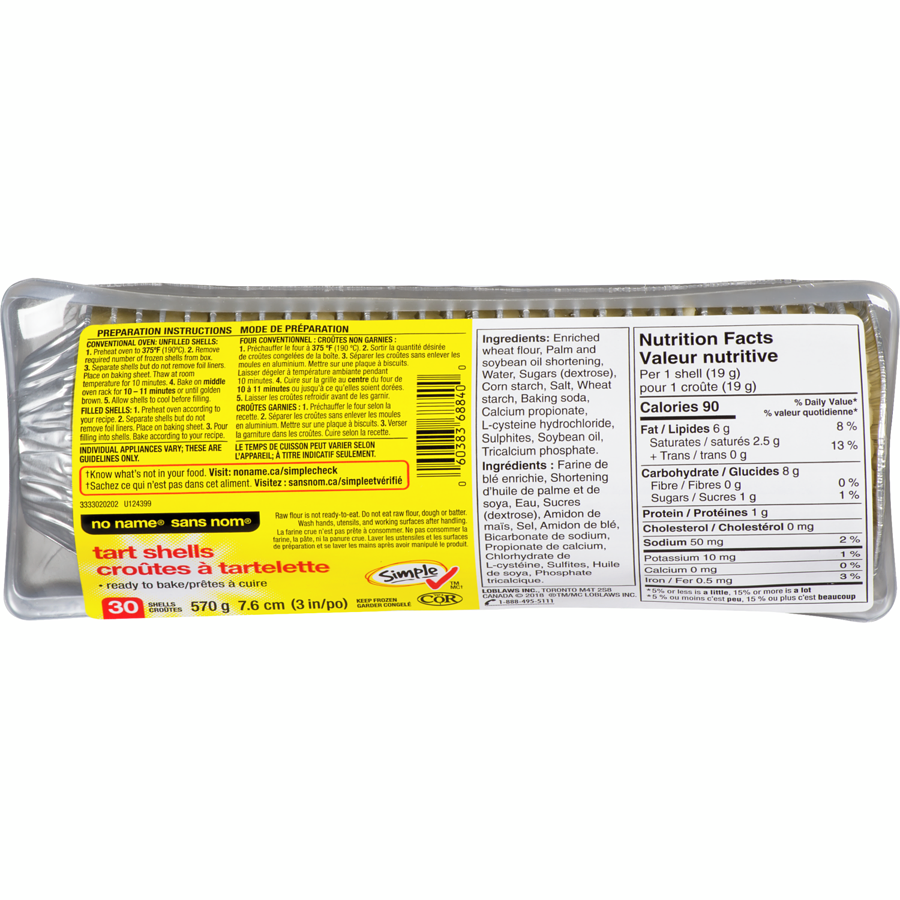 No Name Ready-To-Bake Unsweetened Tart Shells 570g